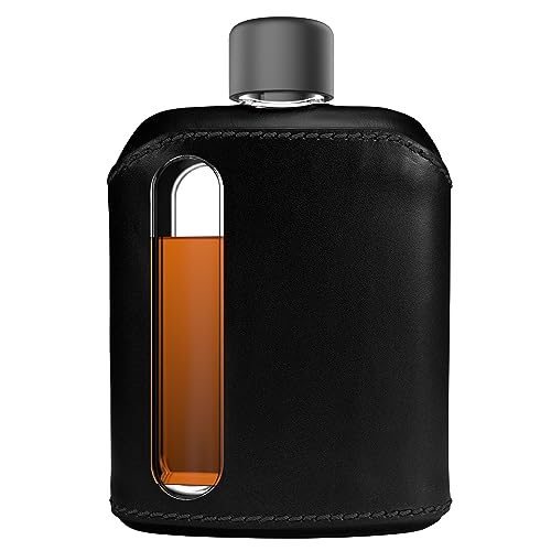 Ragproper Leather Glass Hip Flask for Men & Women – Durable Whiskey & Liquor Flask, Premium Genuine Leather Cover, Ideal Glass Flask – Double Shot 8oz (240ml), Black - color: Leather Black, size: Bag Flask 8 oz