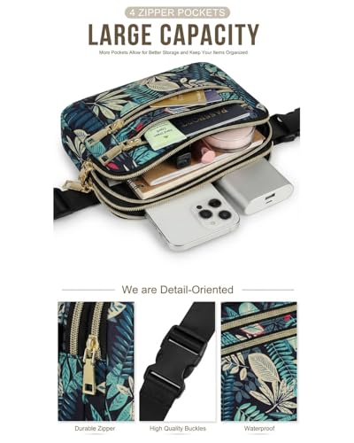 Fanny Packs for Women Crossbody Belt Bags, Waist Pack with Adjustable Strap - color: B-Blue Leaves, size: Double Layer