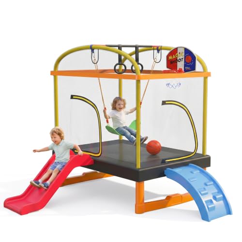 6.5FT Rectangle Trampoline with Swing Basketball Outdoor Climb Slide Trampoline for Kids Recreation Trampolines with Enclosure Safety Net - color: 6.5ft trampoline