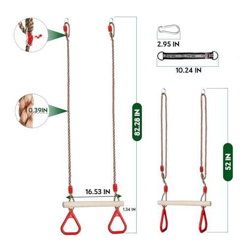 Trapeze Swing Bar with Rings, Wooden Trapeze Swing Bar for Indoor/Outdoor - color: Red