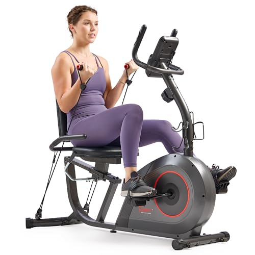 Sunny Health & Fitness Smart Recumbent Bike, Wide Cushioned Seat & Back, Indoor Cycling Machine for Adult/Seniors Home Exercise, Free SunnyFit App Connection - color: Grey