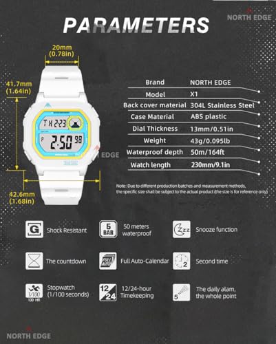 NORTH EDGE X1 Digital Watch for Men Women, Retro Unisex Sport Watch with EL Backlight, 5ATM Water Resistant, Stopwatch, Countdown Timer, Alarm, Dual Time, Lightweight Everyday Watch - color: Blue and White