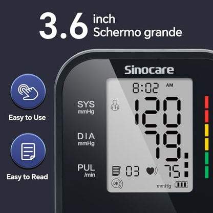 Sinocare Blood Pressure Monitor, Upper Arm Blood Pressure Monitors for Home Use, Adjustable Arm Cuff 8.6"-16.5", One-Button Operation, Dual User, Accurate & Practical (Black) - color: Black
