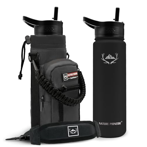 NATURE PIONEOR 24 oz Insulated Water Bottle with Carrier Bag & 3 Lids - color: Black, size: 24 Ounces