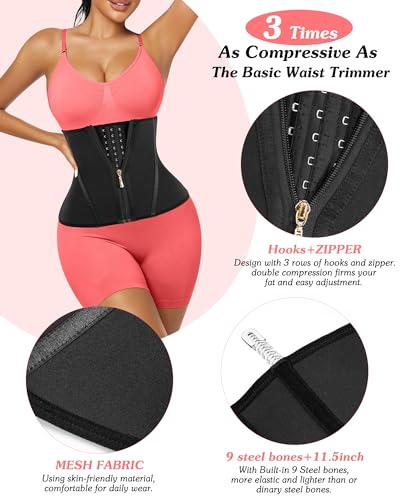 Women Waist Trainer Cincher 3 Straps Tummy Control Body Shaper - color: Black - 11.5 Inch - 9 Steel Bones - Hook & Zipper, size: Medium