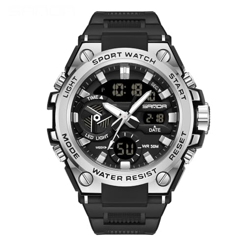 AIMES Men's Watches Sports Outdoor Waterproof Military Watch LED Date Alarm Stopwatch Multi-Function Tactics Big Face Wristwatch for Men - color: 3311-Silver