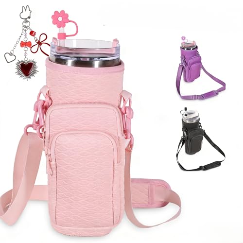 &And Per Se Water Bottle Shoulder Bag for Women, Neoprene Carrier with Phone Pocket & Pink Charm, Adjustable Crossbody Strap Fits Stanley 40oz Tumblers, Gift for Her (Pink) - color: Pink, size: 40oz