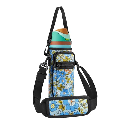 Neoprene Water Bottle Holder Bag with Cell Phone Pocket Compatible with Owala FreeSip 24 oz，Water Bottle Carrying Bag ，with Adjustable Shoulder Strap,for 24oz Stainless Steel Water Bottle - color: Blue Flower