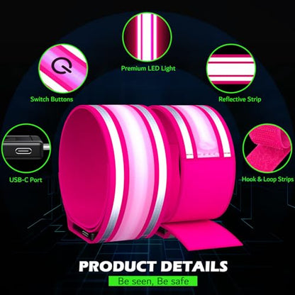 LED Armband Rechargeable for Running(2 Pack),Light Up Arm Bands for Night Walking,Running Lights for Runners,High Visibility Reflective Running Gearr for Night Safety Light Up Wristbands - size: Pink