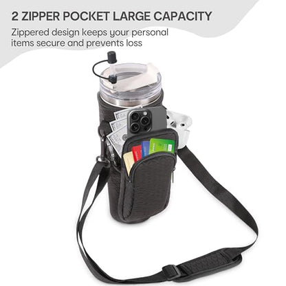 &And Per Se Water Bottle Shoulder Bag with Phone Pocket, Compatible with Stanley 30oz Tumblers - Neoprene Carrier with Adjustable Strap & Charm Accessory (Black) - color: Black, size: 30oz