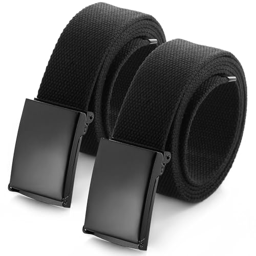 Mile High Life Cut To Fit Canvas Web Belt Size Up to 52" with Flip-Top Solid Black Military Buckle - color: 2 Pack Black