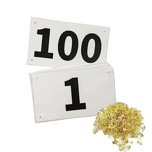 1-100 Running Race Bibs Large Numbers with Safety Pins for Marathon Race Events- Tyvek Tearproof Waterproof - color: 1-100 Number