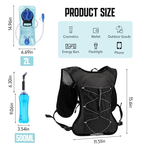 Hydration Backpack, Lightweight Water Backpack, Adjustable Running Vest - size: 2L Water Bag 2 Soft Flasks