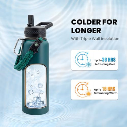 RAYMYLO Insulated Water Bottle 40 oz, Triple Wall Vacuum Stainless Steel - color: Dark Green, size: 40 Ounces