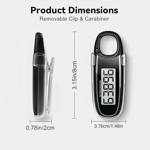 3D Pedometer for Walking, Simple Step Counter with Clip & Carabiner - color: black