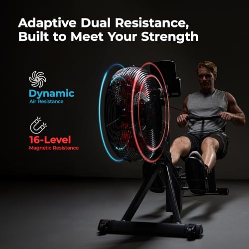 Sunny Health & Fitness Air Rowing Machine, Space-Saving Rower with Long Rail and Upright Storage for Home Gym, Full-Body Cardio Workout, Free SunnyFit Training App - color: Black