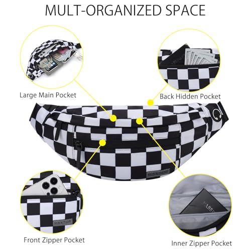 MAXTOP Large Checkered Fanny Pack Crossbody Belt Bag for Shopping Traveling - color: Checkered-Black