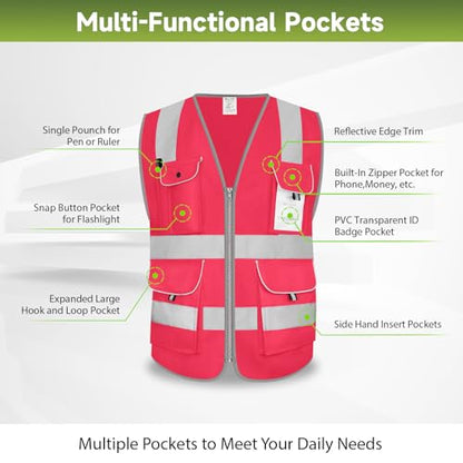 High Visibility Pink Reflective Vest with 8 Pockets Safety Vest S - color: Pink-01, size: Small
