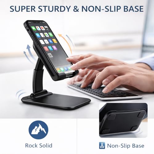 Mizi Portable Cell Phone Stand for Desk - Height & Angle Adjustable Mobile Foldable Holder, Compatible with iPhone 17 16 15 14 13 12 11 Pro Max, Galaxy S25 S24, All 4–10" Devices - Black - size: L311