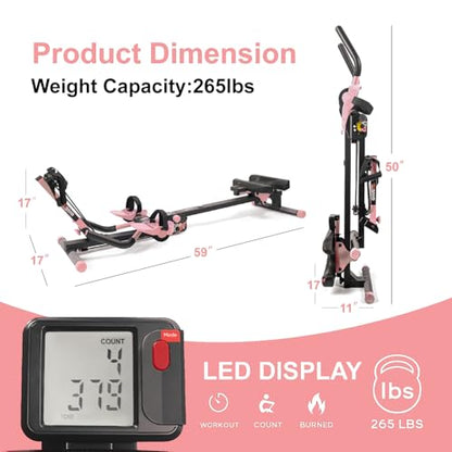 Tousains 3 in 1 Foldable Rowing Machine, AB Machine with 3 Level Angle & Led Monitor, Multi-Functional Rower Fitness Equipment Home Gym Full Body Fitness Machine - color: pink