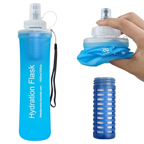 1L Collapsible Water Bottle with Filter for Hiking Backpacking(Blue)