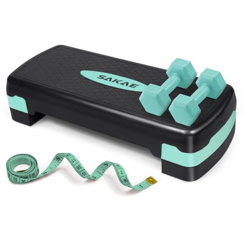 Adjustable Height Aerobic Stepper Set, Multiple Bundle Options with Dumbbells, Kettlebell, Waist Trimmer, Ankle Weights or Weighted Vest, Workout Exercise Step Platform w/Level Risers, 4 Colors - color: Green Black, size: a. W/ Dumbbells