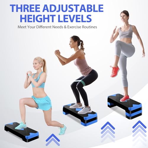 Non-Slip 27 Inch Aerobic Exercise Step Platform 4"-6"-8" Height Adjustable Risers for Home Gym Cardio Training Fitness Workout Stepper Trainer - color: Blue