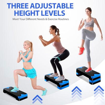 Non-Slip 27 Inch Aerobic Exercise Step Platform 4"-6"-8" Height Adjustable Risers for Home Gym Cardio Training Fitness Workout Stepper Trainer - color: Blue