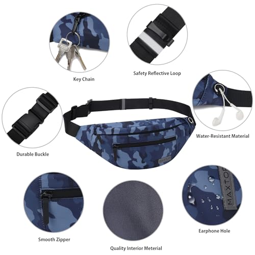 MAXTOP Large Fanny Pack Cross Body Bag Camo Belt Bag with Headphone Jack - color: Camo Gray Blue