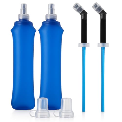 TPU Soft Flask 500ml 2 Pack with Straw, Collapsible Running Water Bottles, Lightweight Foldable Hydration Flasks for Vests, Hiking, Trail Running, Cycling and Outdoor Activities