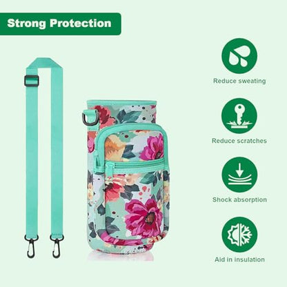 40oz Neoprene Water Bottle Sling with Phone Pocket, Crossbody - color: Flower Green, size: 32oz Short