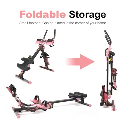 Tousains 3 in 1 Foldable Rowing Machine, AB Machine with 3 Level Angle & Led Monitor, Multi-Functional Rower Fitness Equipment Home Gym Full Body Fitness Machine - color: pink