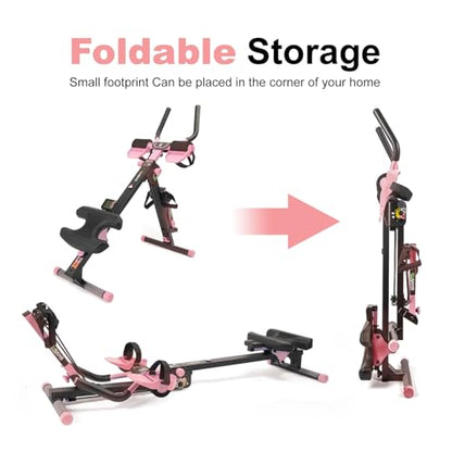 Tousains 3 in 1 Foldable Rowing Machine, AB Machine with 3 Level Angle & Led Monitor, Multi-Functional Rower Fitness Equipment Home Gym Full Body Fitness Machine - color: pink