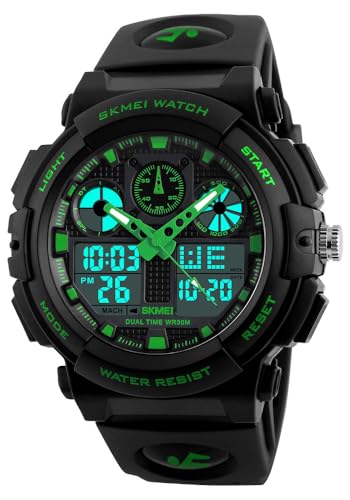 MASTOP Men's Digital Analog Sports Military Watches Waterproof Outdoor LED Backlight Display Alarm Stopwatch - color: Green