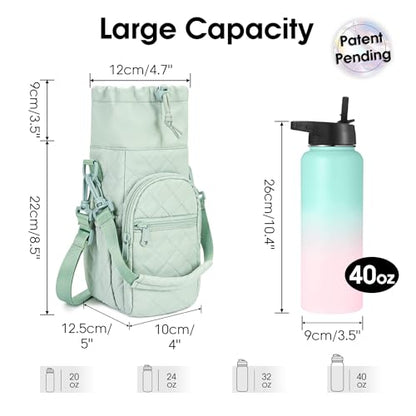 sportsnew 40oz Insulated Crossbody Water Bottle Bag Gym Hiking Phone Pocket - color: Quilt Green