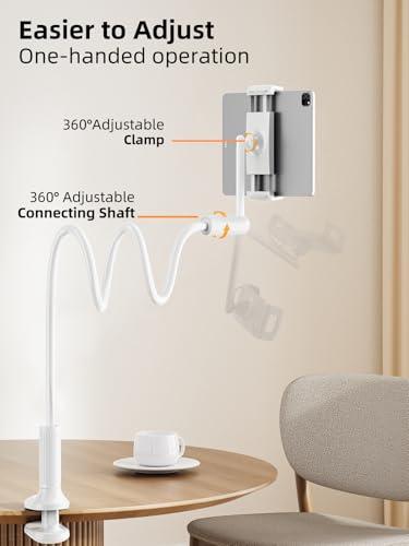 SAIJI Gooseneck Tablet Holder for Bed, One-Hand Adjustable, 47" Length, Upgraded Base, iPad Holder Stand Flexible Lazy Arm, Compatible with iPad/iPhone/Kindle/Switch or Other 4.7-13" Device (White) - color: White