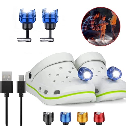 2 Pcs Rechargable Blue Headlights for Crock, Outdoor Waterproof LED Flashlight for Shoes, Clip on Crock Light Attachment Charm, Accessories for Camping, Cycling, Walking, 3 Light Modes, Last 72 Hours - color: Blue, size: 2 PCS
