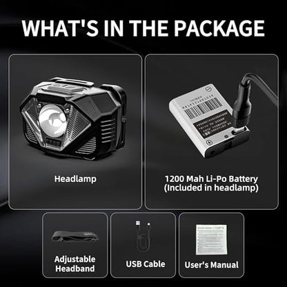 WARSUN WH02 LED Headlamp, Rechargeable Headlamp with Motion Sensor, Ultra-Light Bright Head Light with Dual Power, 5 Modes Red White Light for Hiking, Running, Fishing