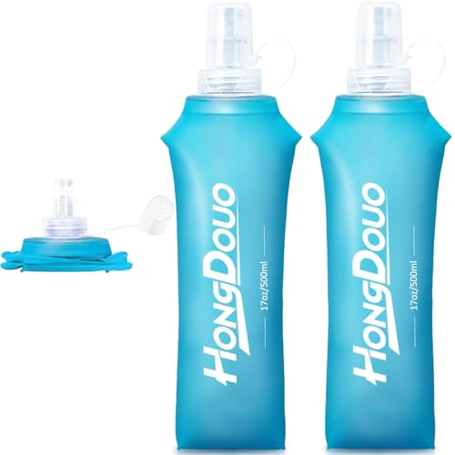 2 Packs Soft Flask, 17oz/500ml TPU Collapsible Soft Water Bottle for Hydration Pack, Running Vest, BPA-Free Folding Water Bottles for Hiking Cycling Climbing Running Outdoor Sports - color: Light blue
