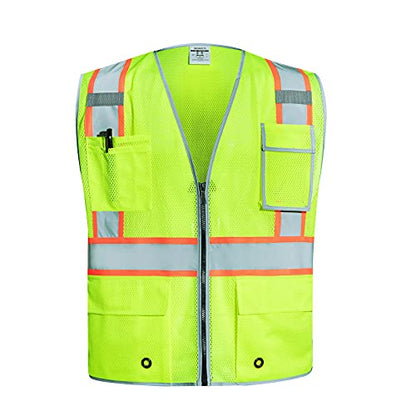 SKSAFETY 10 Pockets Safety Vest, Class 2 High Visibility Security with Zipper Double-sided mesh, Hi Vis Vest with Reflective Strips, ANSI/ISEA Standard, Construction Work Vest （Lime, 4XL） - color: Yellow Mesh, size: 4X-Large