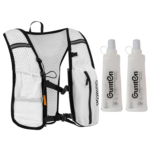Running Vest (White) with Dual 250ml Soft Flasks (Transparent) for Running Hiking Cycling Marathon