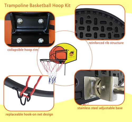 Trampoline Basketball Hoop, Fits Most Straight & Curved Poles, with Stainless Steel Angle-Adjustable Mounting Base, Includes Mini Basketball & Pump (with Clamp, 21 * 14inch)