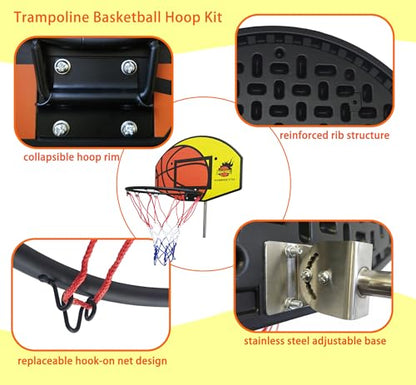 Trampoline Basketball Hoop, Fits Most Straight & Curved Poles, with Stainless Steel Angle-Adjustable Mounting Base, Includes Mini Basketball & Pump (with Clamp, 21 * 14inch)