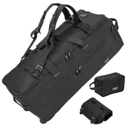 STOVER 100L U-Zip Rolling Duffel Bag with Wheels, Expedition Series X-Large Durable Travel Duffle + Toiletry Bag, Lay-Flat Opening, Packable with Shoulder Straps - Use as Luggage or Backpack (Black) - color: U-Zip Expedition Black