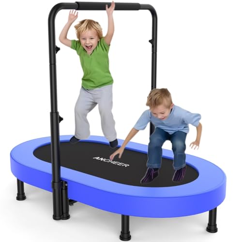 ANCHEER 56" Double Mini Trampoline for Kids, Mini Rebounder with 5-Level Adjustable Handle, Parent-Child Trampoline for Kids, Max Load 220lbs, Fun for Indoor/Outdoor - color: Blue Pro
