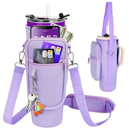 LEFOR·Z Water Bottle Carrier Bag with Phone Pocket Compatible with Stanley/Meoky 40 oz Tumbler with Handle,Water Bottle Holder Pouch with Adjustable Strap Compatible with Stanley Cup Accessories - color: Purple-Style B