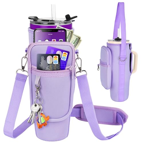 LEFOR·Z Water Bottle Carrier Bag with Phone Pocket Compatible with Stanley/Meoky 40 oz Tumbler with Handle,Water Bottle Holder Pouch with Adjustable Strap Compatible with Stanley Cup Accessories - color: Purple-Style B