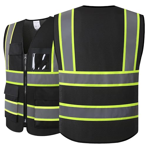 Reflective Safety Vest for Men Women High Visibility Vest with 8 Pockets and Front Zipper Mesh Reflective Vest Meets ANSI/ISEA Standards (Black-07, Medium) - color: Black, size: Medium