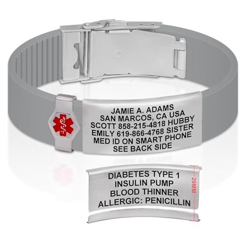 Divoti Custom Dual-Sided Engraved Silicone Medical Alert ID Wristband w/Security Clasp & Trim-to-Fit Band - Style - color: Concrete Gray / Brushed Stainless Silver / Red, size: Band Width - 19mm