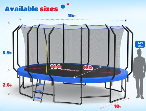 ORCC Oval Outdoor Trampoline with Safety Net - Recreational Gymnastics Trampoline for Kids, 1200LBS Capacity, Heavy-Duty Galvanized Steel Frame - size: 10*16FT